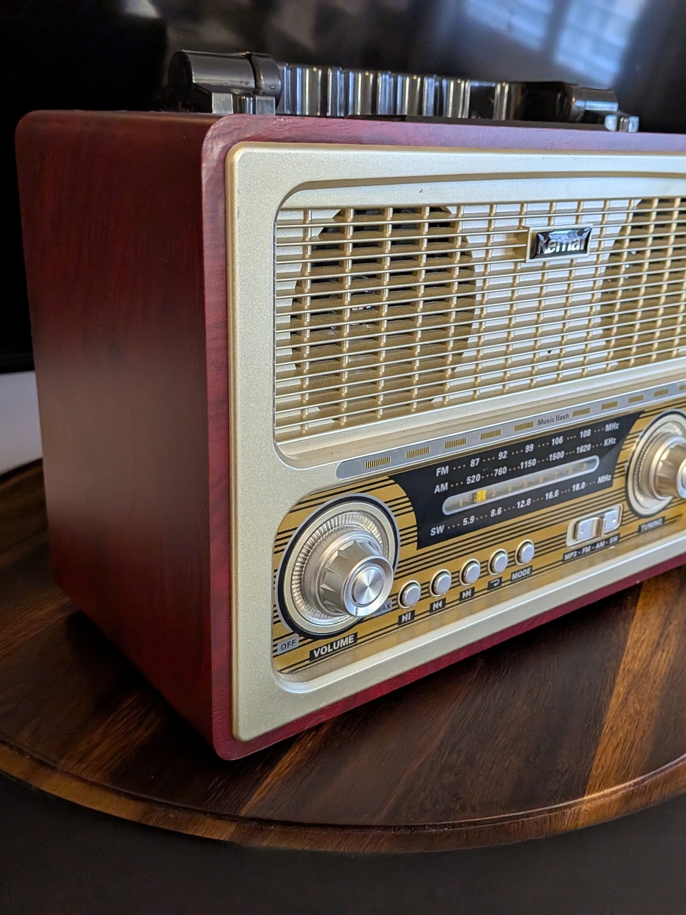 Retro Portable Radio - Gold Front with Red Wood Case